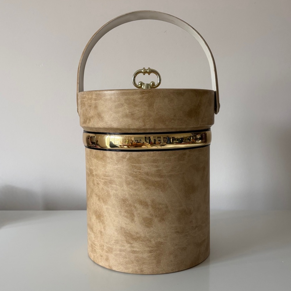 1970s Shelton Ware Inc. Vinyl Insulated Ice Bucket  Tan and Gold Retro Bar Cart